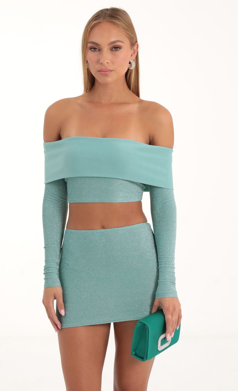 Picture Sama Metallic Knit Two Piece Skirt Set in Turquoise. Source: https://media.lucyinthesky.com/data/Nov22/800xAUTO/55c1ed05-943f-4b91-a835-ef761cca1235.jpg