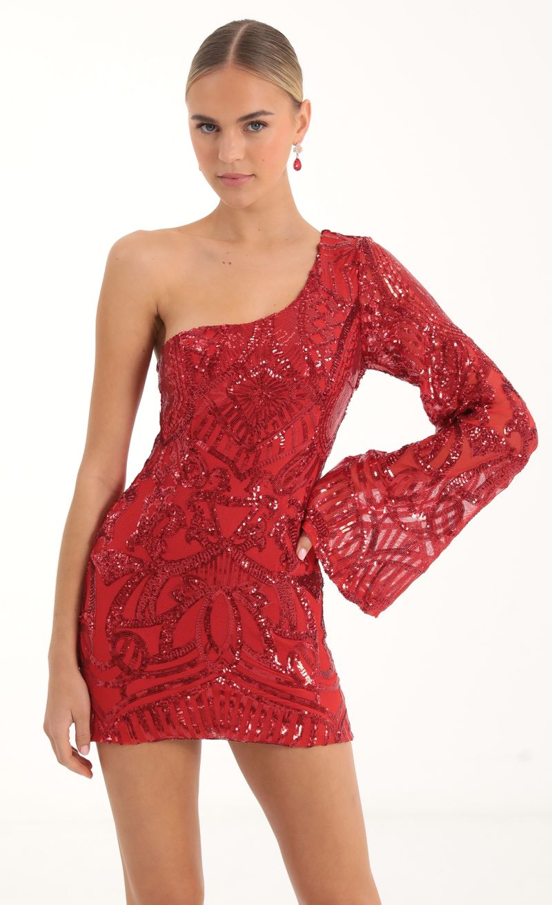 Picture Lennox Sequin Flare Sleeve Dress in Red. Source: https://media.lucyinthesky.com/data/Nov22/800xAUTO/56af31bf-f00b-4c53-81a8-dd3892b58d4b.jpg