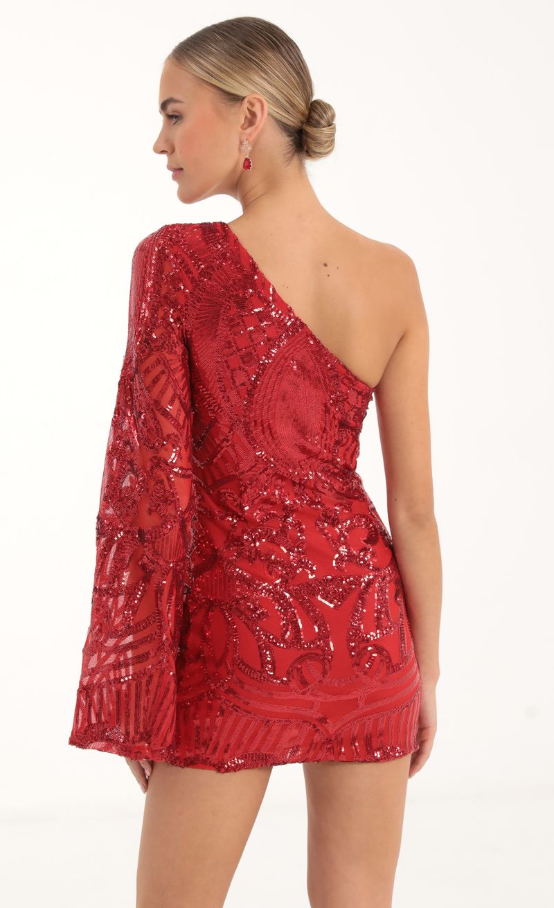 Picture Lennox Sequin Flare Sleeve Dress in Red. Source: https://media.lucyinthesky.com/data/Nov22/800xAUTO/5f236cbe-6a7e-4569-aa27-8ff899594b27.jpg