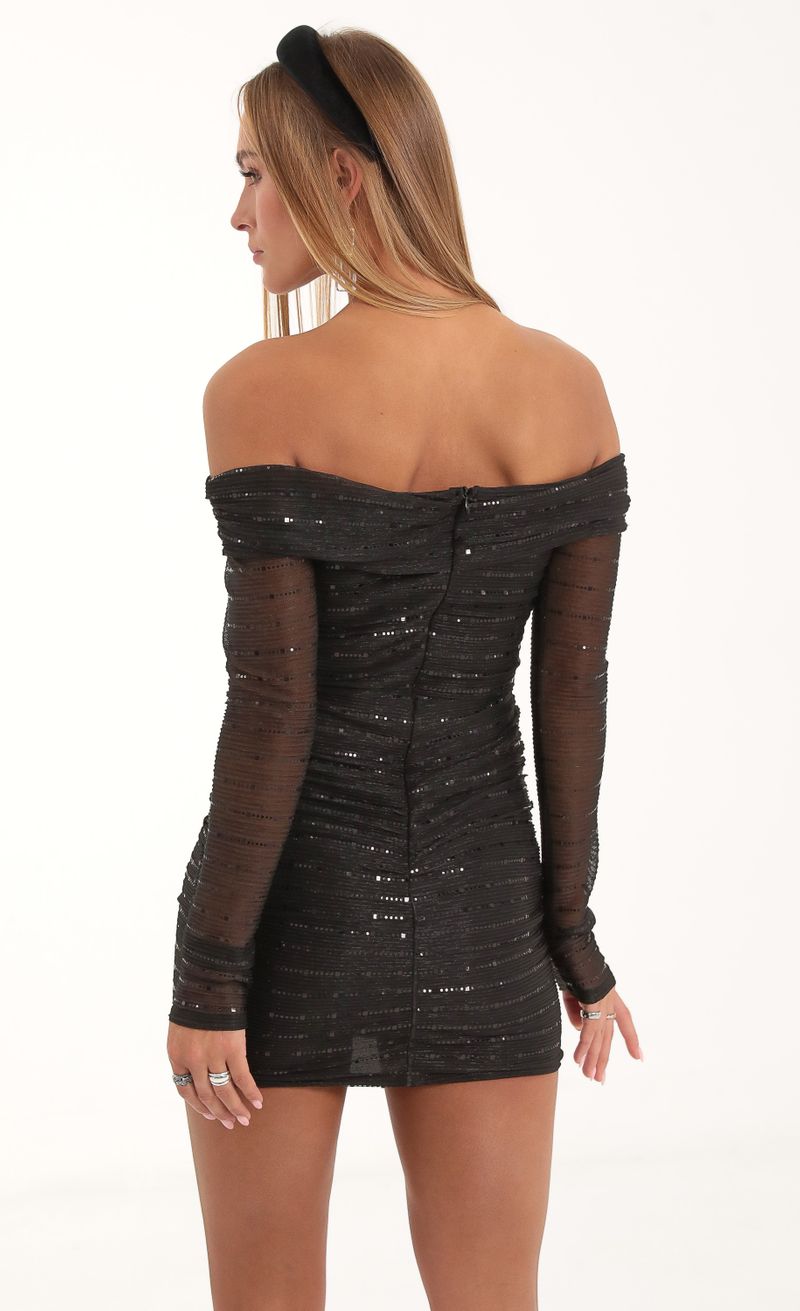 Picture Olinda Sequin Mesh Off The Shoulder Dress in Black. Source: https://media.lucyinthesky.com/data/Nov22/800xAUTO/6b24ce94-f467-4169-81de-7f61cc6789d4.jpg
