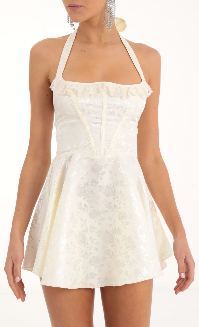 Picture Constance Floral Jacquard Corset Lace Trim Dress in Cream. Source: https://media.lucyinthesky.com/data/Nov22/800xAUTO/6cbfddbd-ffe0-4dad-9535-64e4e7db2ca3.jpg