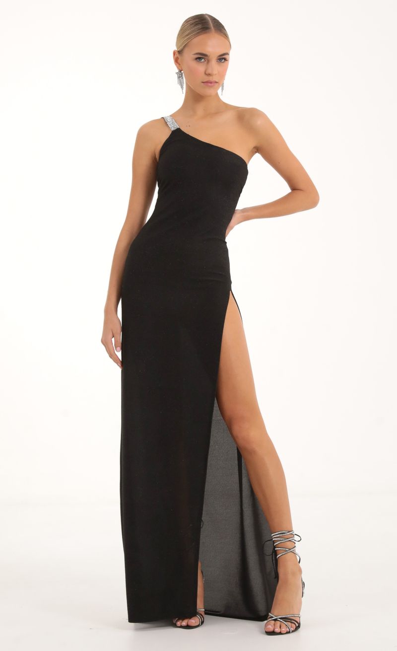 Picture Rara Knit Rhinestone One Shoulder Maxi Dress in Black. Source: https://media.lucyinthesky.com/data/Nov22/800xAUTO/79265222-e5df-4c76-bf84-918c180006cc.jpg