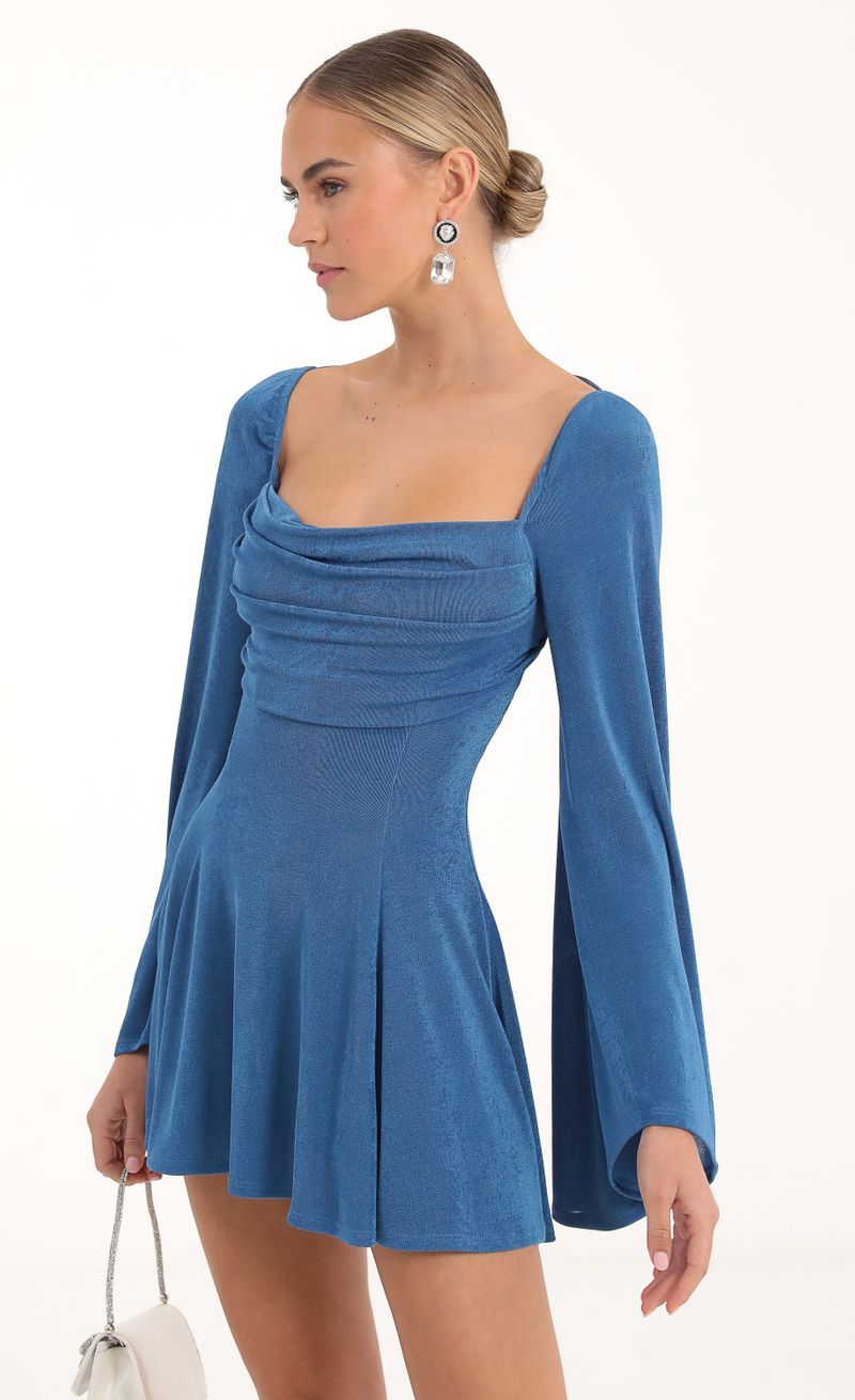 Picture Sirena Flare Sleeve Dress in Blue. Source: https://media.lucyinthesky.com/data/Nov22/800xAUTO/b2763d0f-2254-45a9-b0d3-3b789a1886fb.jpg