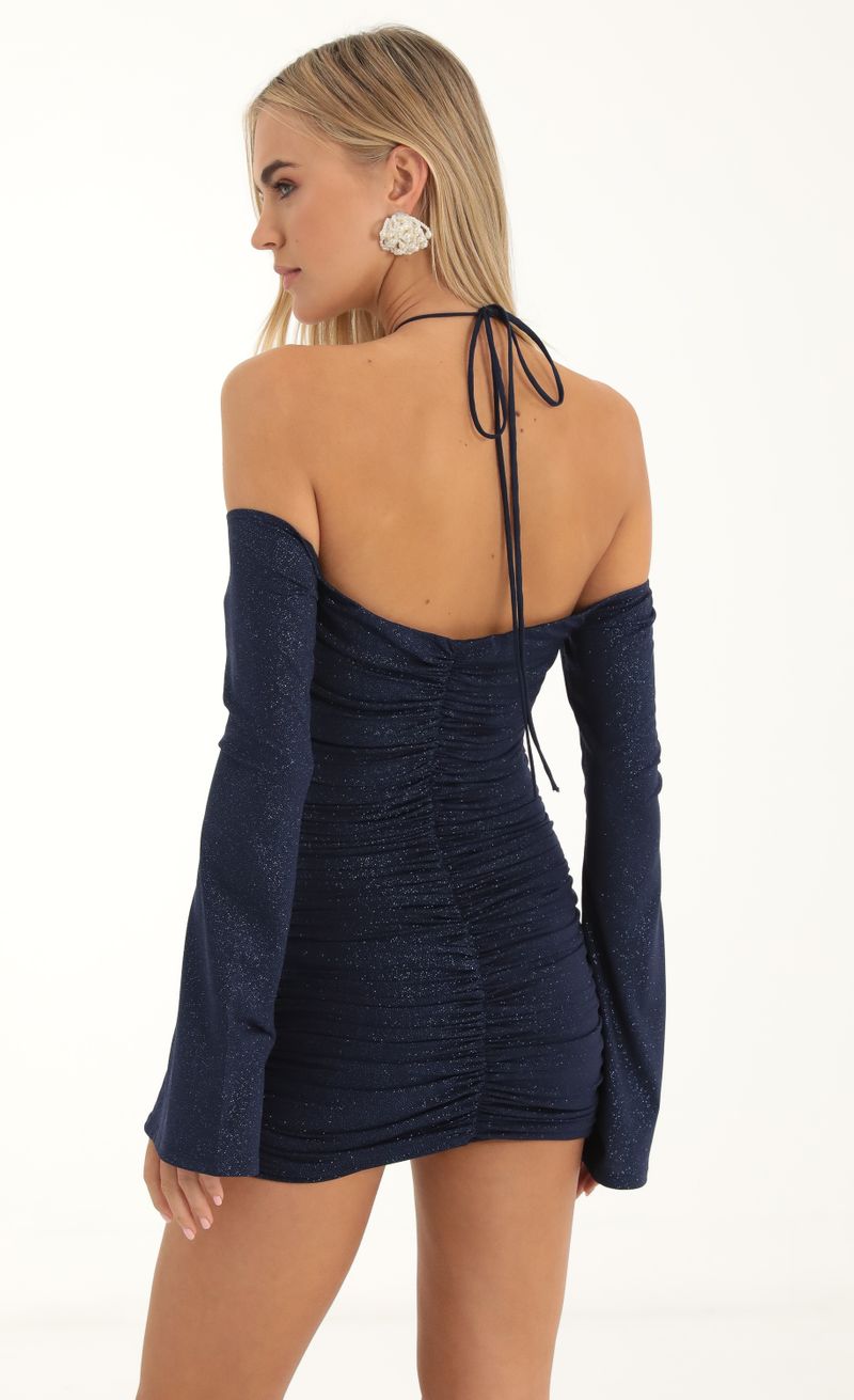 Picture Nixi Glitter Ruched Bodycon Dress in Blue. Source: https://media.lucyinthesky.com/data/Nov22/800xAUTO/e5e850ad-6953-47c6-afb2-b0d884c1edae.jpg