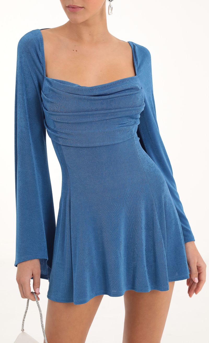 Picture Sirena Flare Sleeve Dress in Blue. Source: https://media.lucyinthesky.com/data/Nov22/800xAUTO/f5a7ba77-ba02-4070-a02c-e1749dc7778c.jpg
