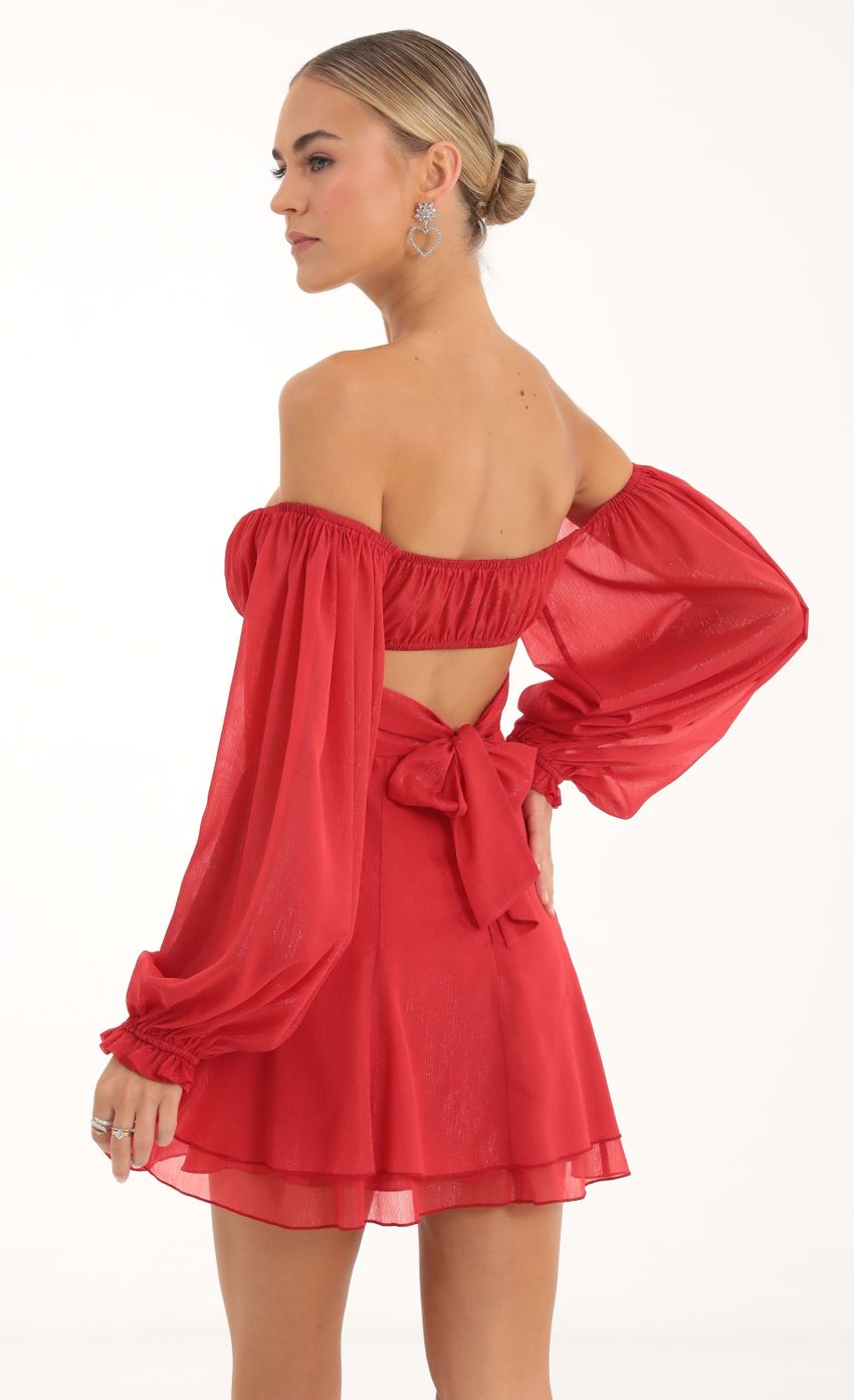 Picture Brilan Shinny Chiffon Off The Shoulder Dress in Red. Source: https://media.lucyinthesky.com/data/Nov22/850xAUTO/2c66bfbc-8372-40a5-8b41-91c45a87cf24.jpg