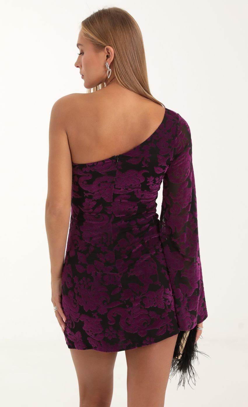 Picture Keyla Floral Velvet One Shoulder Dress in Purple. Source: https://media.lucyinthesky.com/data/Nov22/850xAUTO/654c6520-b1ac-45b9-b386-3895a328c2c6.jpg