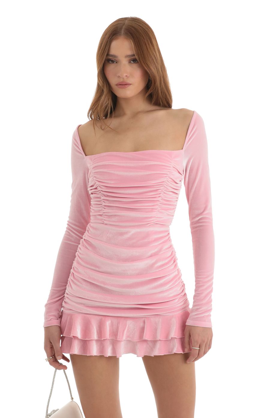 Picture Sloan Velvet Long Sleeve Ruched Dress in Pink. Source: https://media.lucyinthesky.com/data/Nov22/850xAUTO/8524c29e-01ce-4b6b-b1f4-cfe9d6150c27.jpg