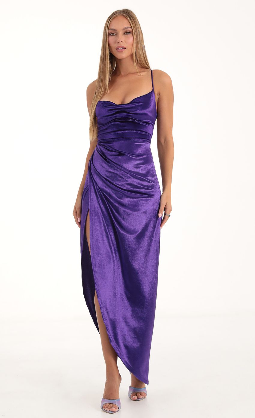 Picture Lovely Velvet Luxe Maxi Dress in Purple. Source: https://media.lucyinthesky.com/data/Nov22/850xAUTO/b9fef953-0d2d-4934-bf1c-4dc2e8696bc6.jpg