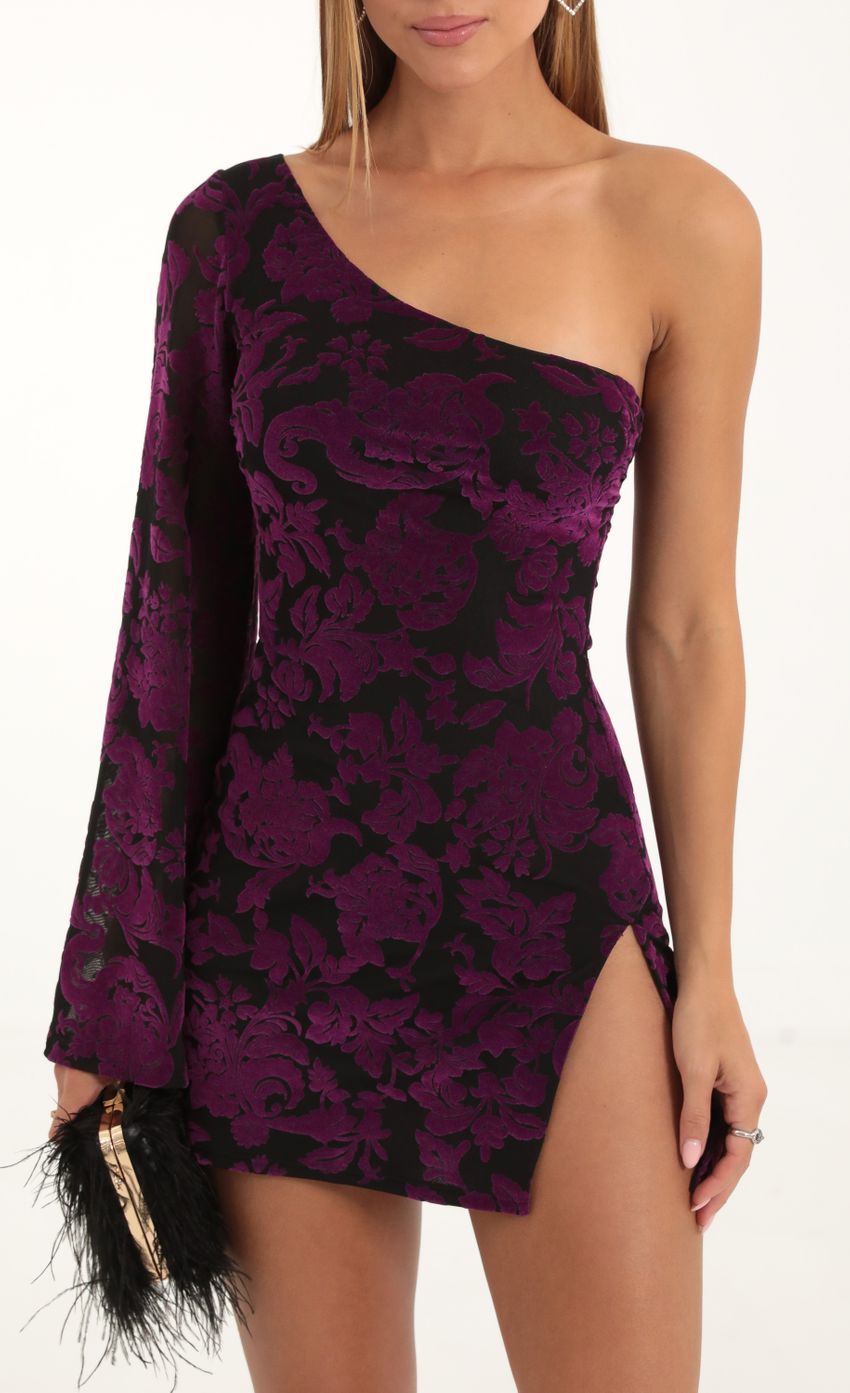 Picture Keyla Floral Velvet One Shoulder Dress in Purple. Source: https://media.lucyinthesky.com/data/Nov22/850xAUTO/cb86db9d-ca30-4652-9a91-84913f9b1ce8.jpg