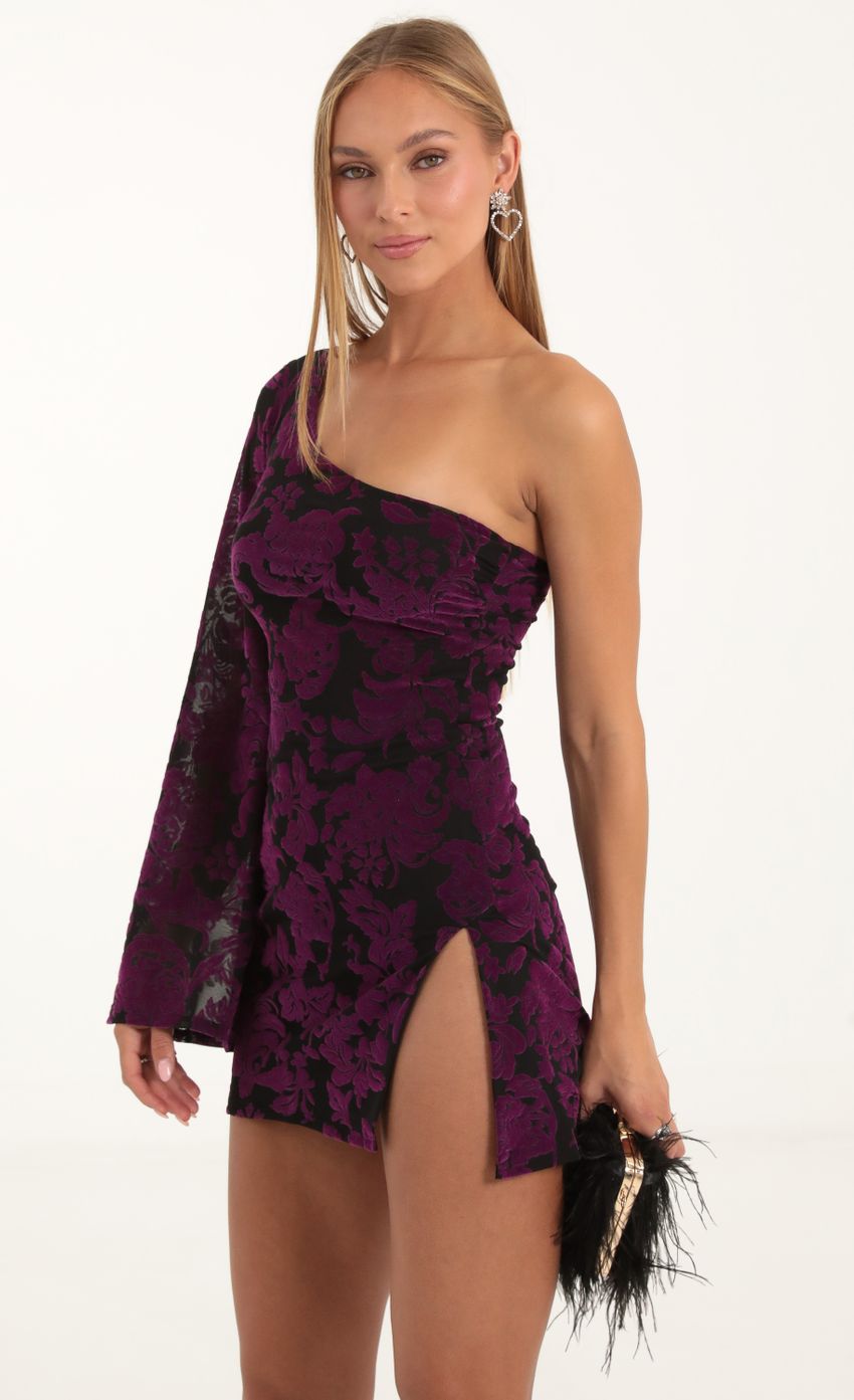 Picture Keyla Floral Velvet One Shoulder Dress in Purple. Source: https://media.lucyinthesky.com/data/Nov22/850xAUTO/f820a86f-5f93-4878-b658-9768cec5c64e.jpg
