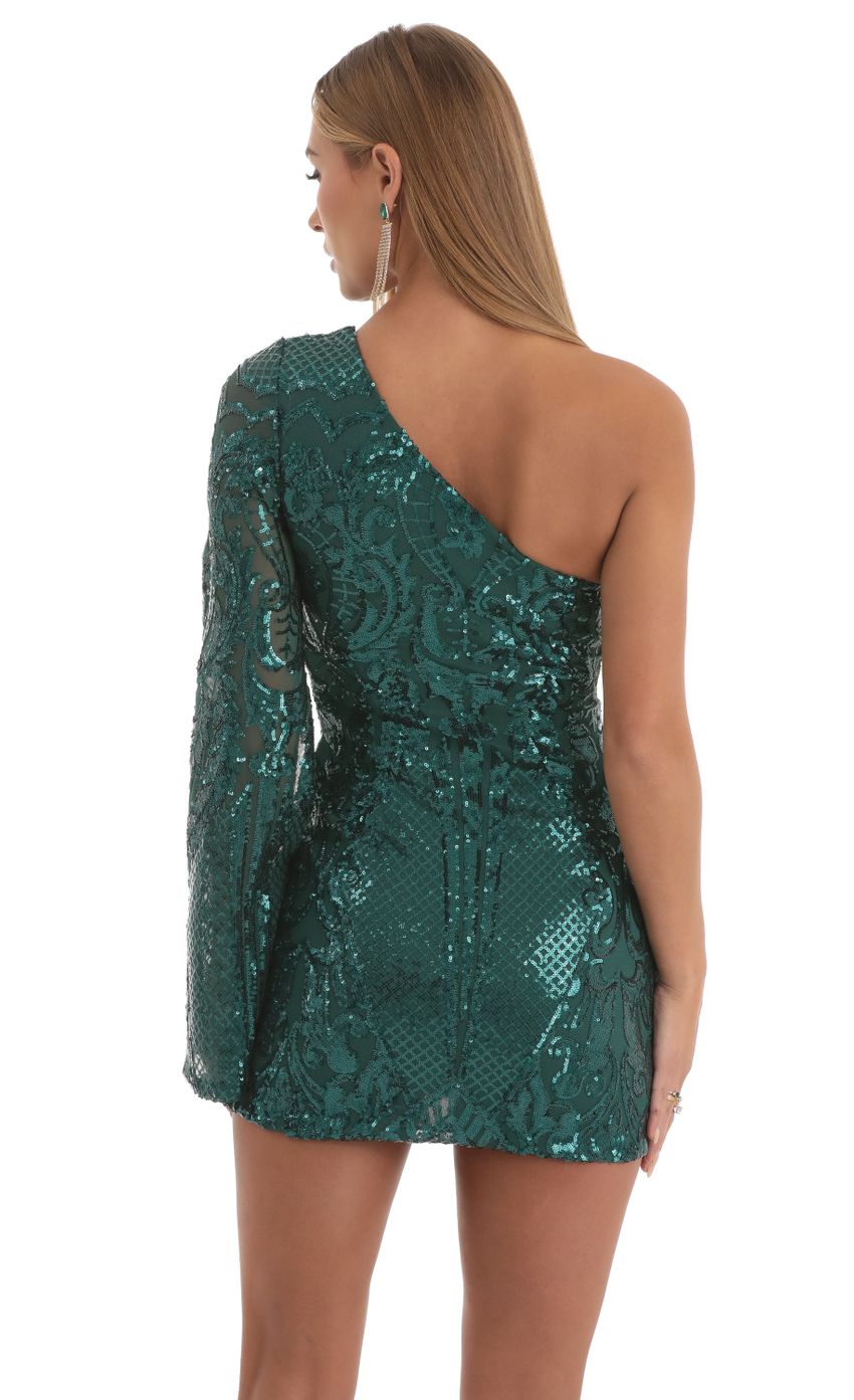 Picture Lennox Sequin Flare Sleeve Dress in Green. Source: https://media.lucyinthesky.com/data/Nov22/850xAUTO/fa0d407e-8a66-47e3-b75c-1242efb90d8f.jpg