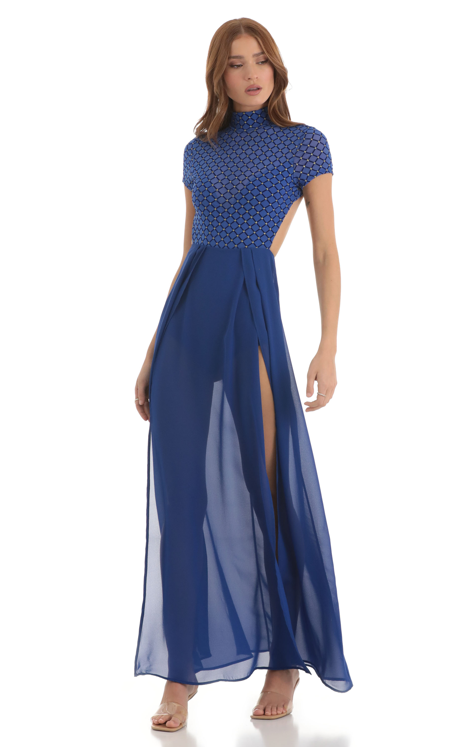 Couture Diamond Mesh Maxi Dress in Blue