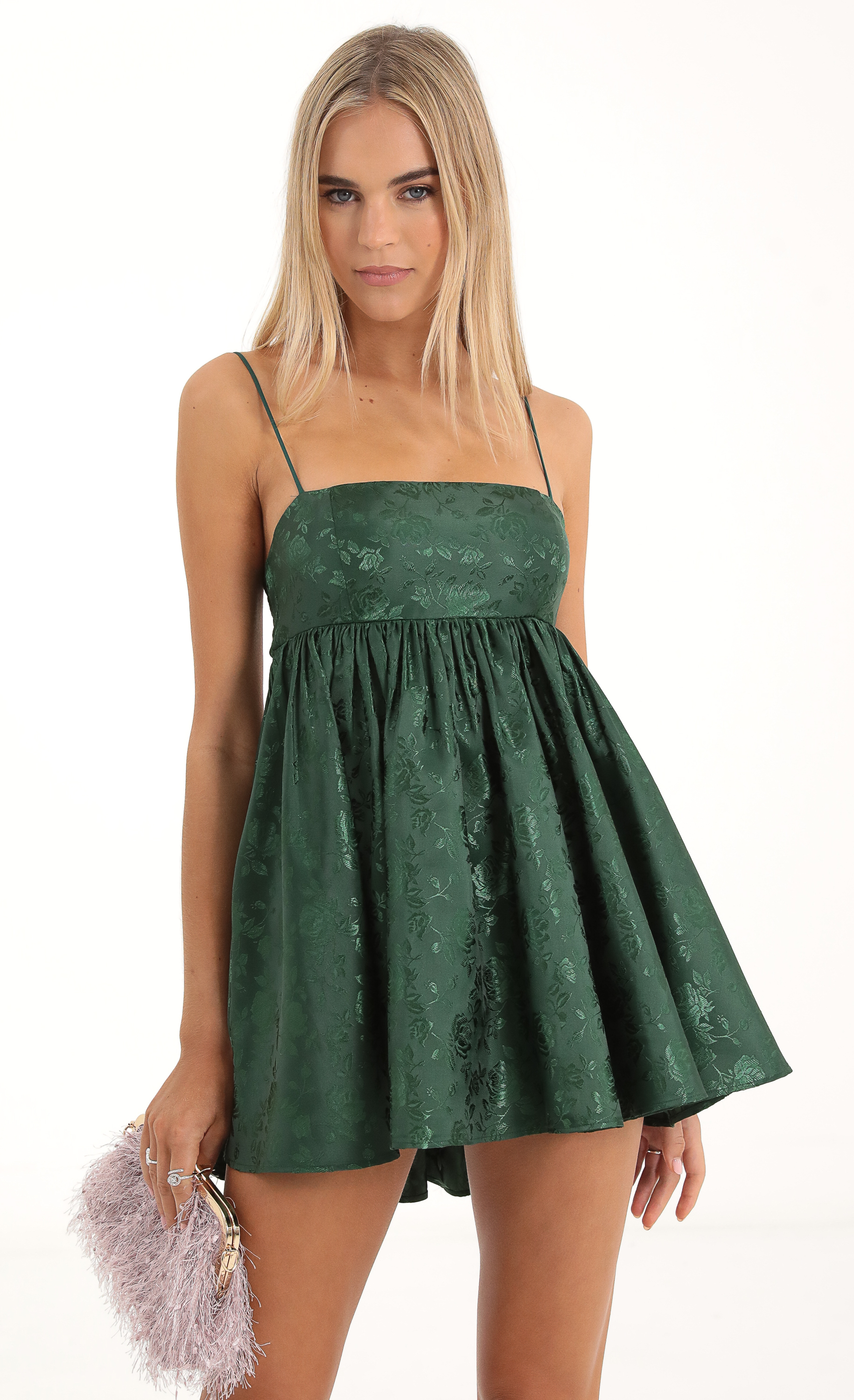 Liora Floral Jacquard Babydoll Dress in Green