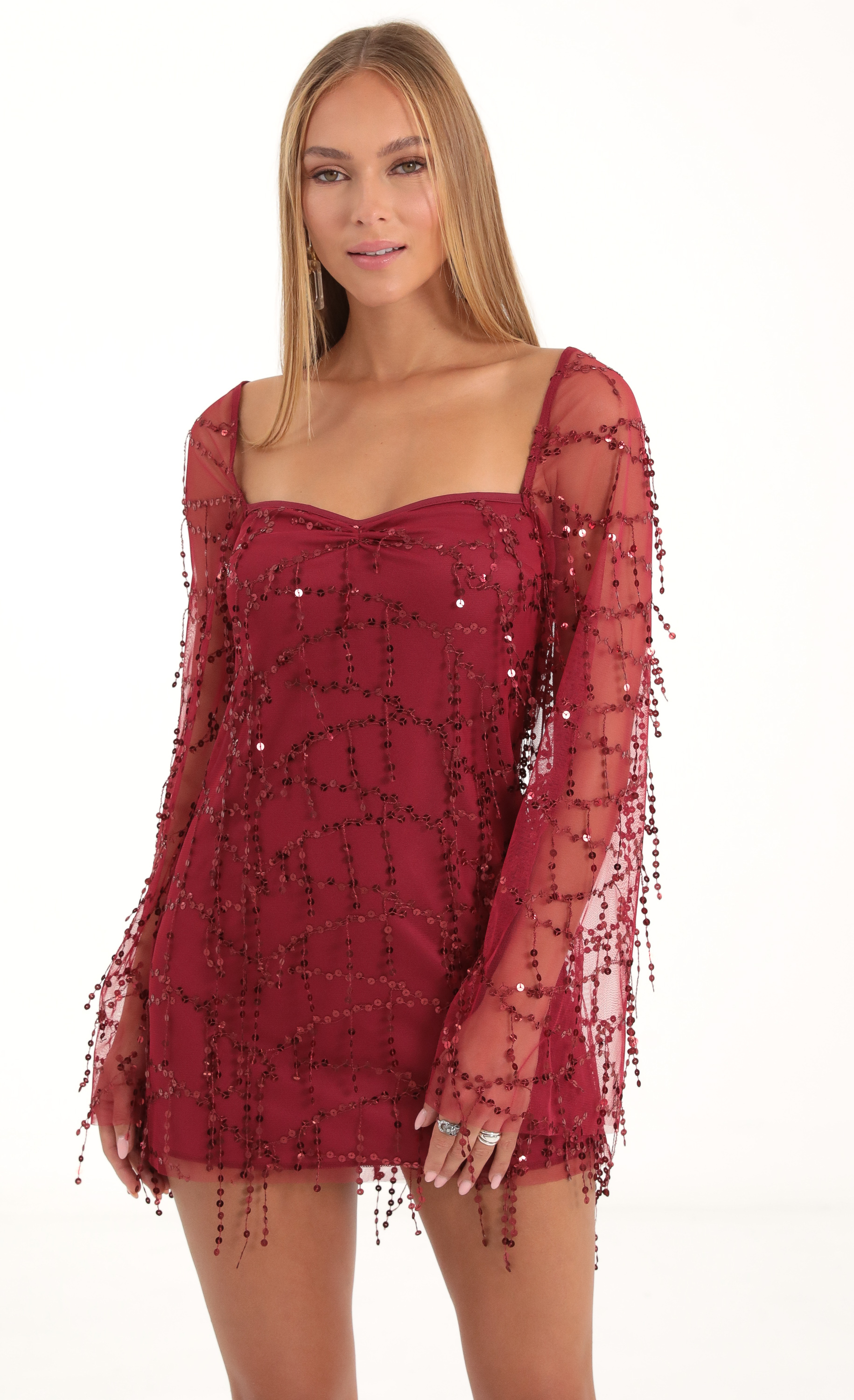 Wynnie Fringe Sequin Flare Sleeve Dress in Red