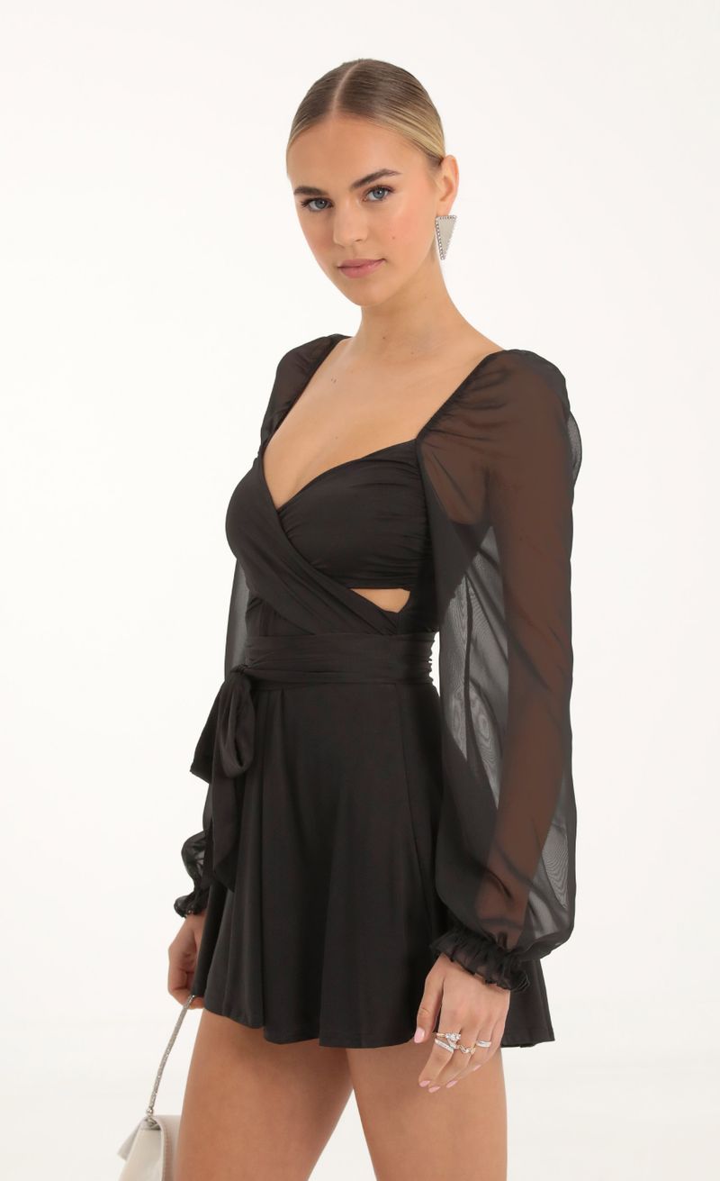 Picture Aliah Puff Chiffon Wrap Dress in Black. Source: https://media.lucyinthesky.com/data/Nov22_1/800xAUTO/1V9A2309.JPG