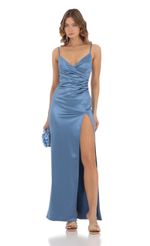 Picture Satin V- Neck Maxi Dress in Slate Blue. Source: https://media.lucyinthesky.com/data/Nov23/150xAUTO/42893c0f-9db9-45e2-9f67-bef723c4a0e1.jpg