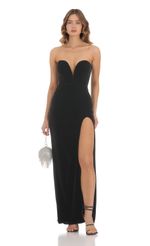 Picture Sweetheart Velvet Strapless Dress in Black. Source: https://media.lucyinthesky.com/data/Nov23/150xAUTO/7368fc0d-3efe-473e-82fa-79a1eff888e5.jpg