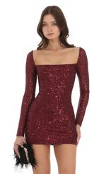 Picture Sequin Long Sleeve Dress in Maroon. Source: https://media.lucyinthesky.com/data/Nov23/150xAUTO/a3fb2788-3201-403d-9b14-1e532af7e7d7.jpg