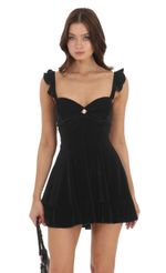 Picture Velvet Ruffle Strap A-Line Dress in Black. Source: https://media.lucyinthesky.com/data/Nov23/150xAUTO/e19f16e9-e0c2-4ae6-95a2-f05ea3e09faa.jpg