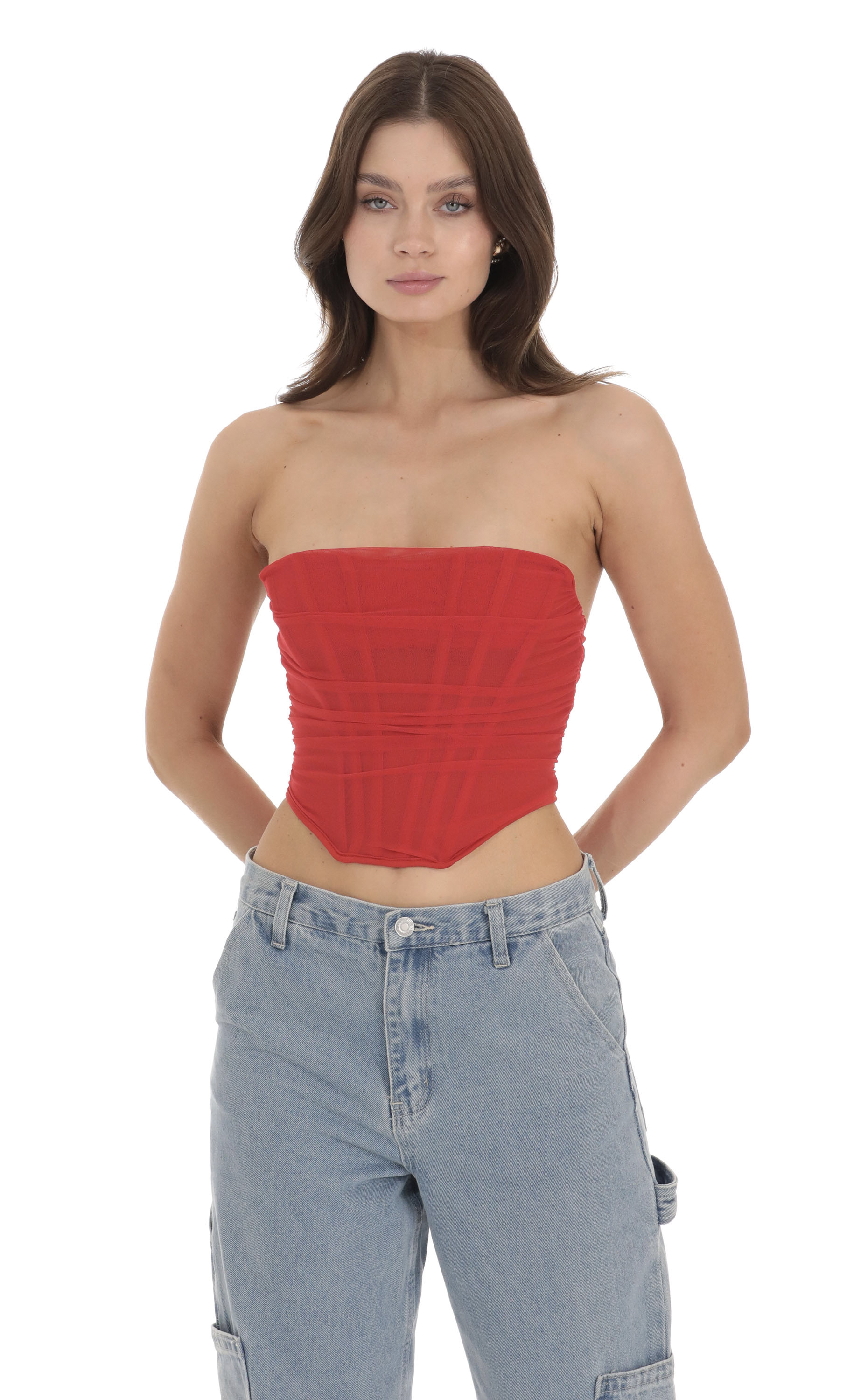 Mesh Strapless Corset Top in Red
