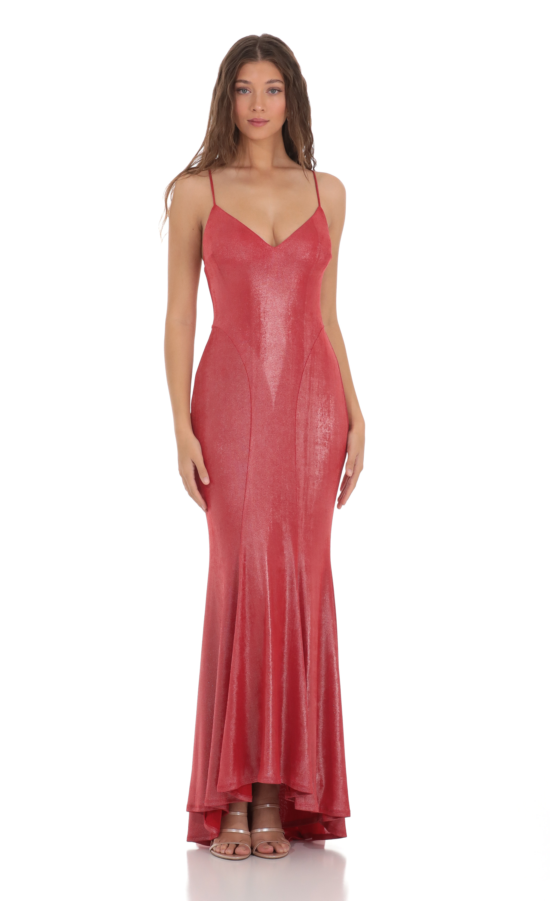 Shimmer Open Back Maxi Dress in Red