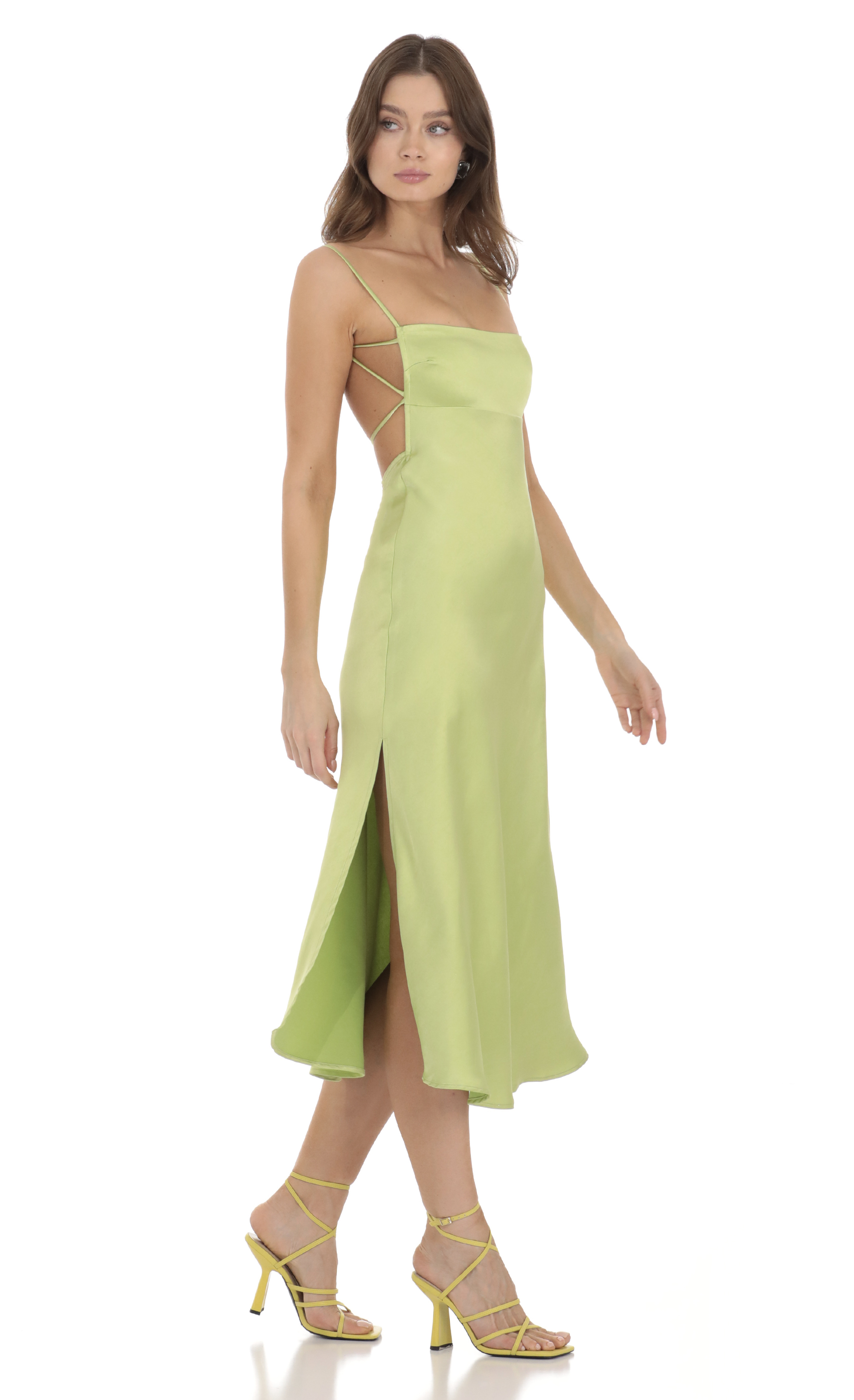 Satin Open Back Dress in Lime Green