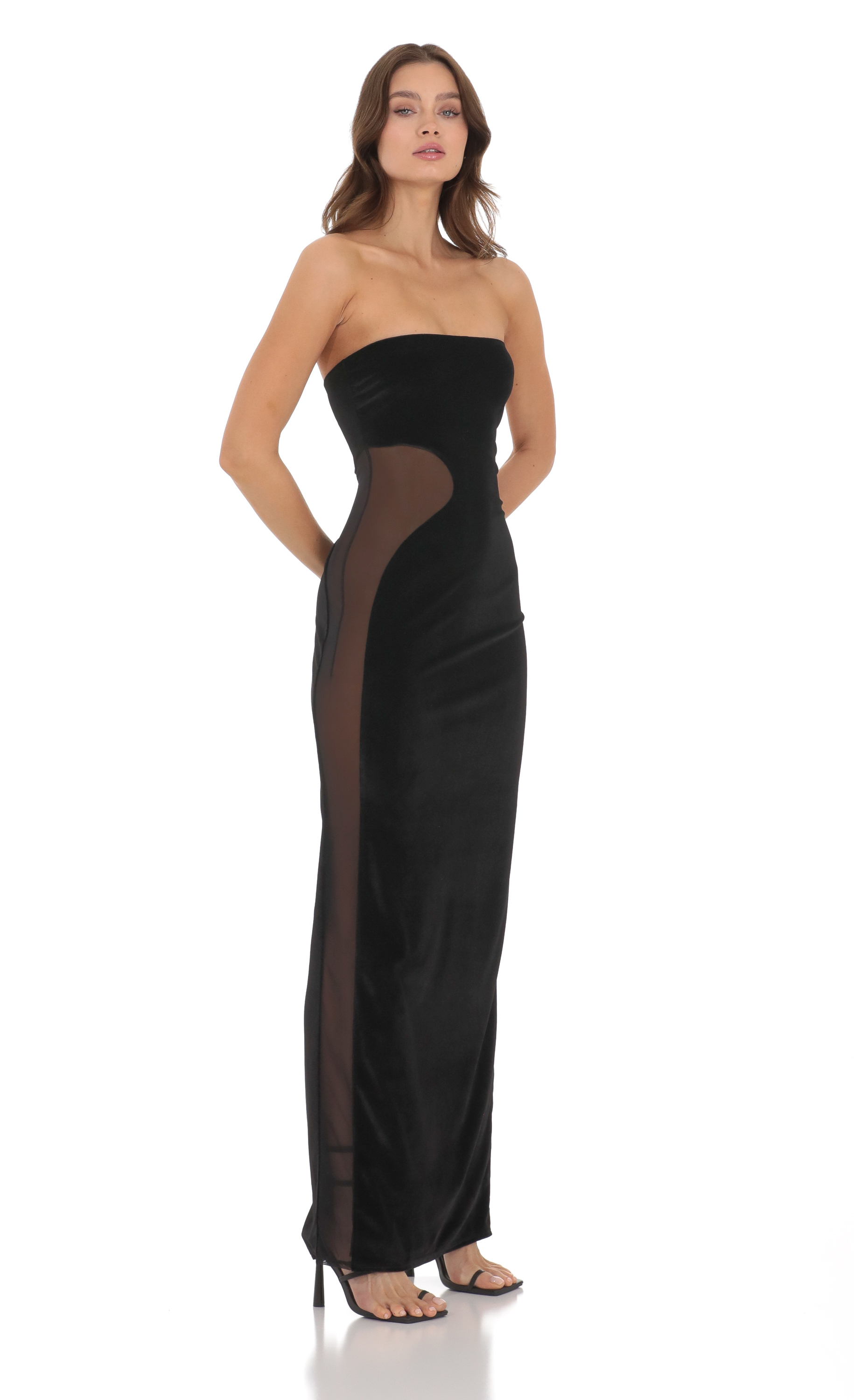 Velvet Mesh Cutout Strapless Dress in Black