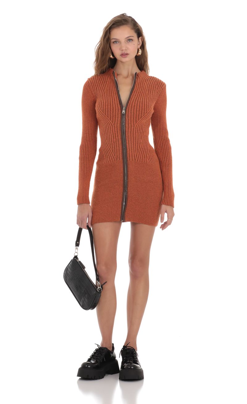 Lawra Front Zip Knit Dress in Orange | LUCY IN THE SKY