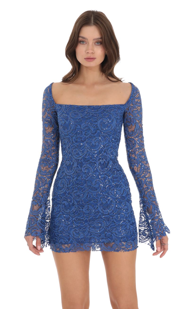Sequin Lace Long Sleeve Bodycon Dress in Blue