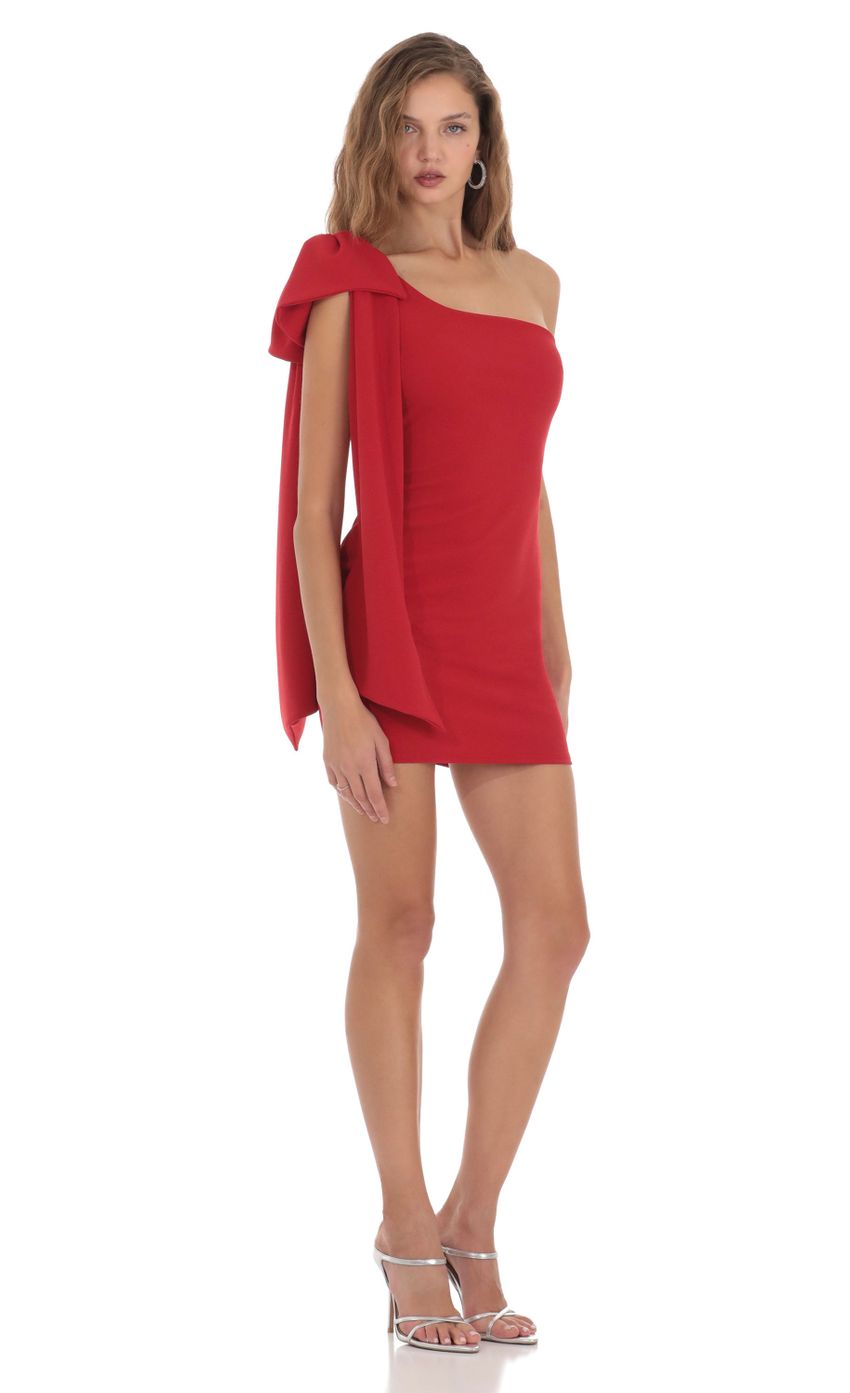One Shoulder Bow Tie Dress In Red LUCY IN THE SKY One Shoulder Bow Tie Dress In Red LUCY IN THE SKY