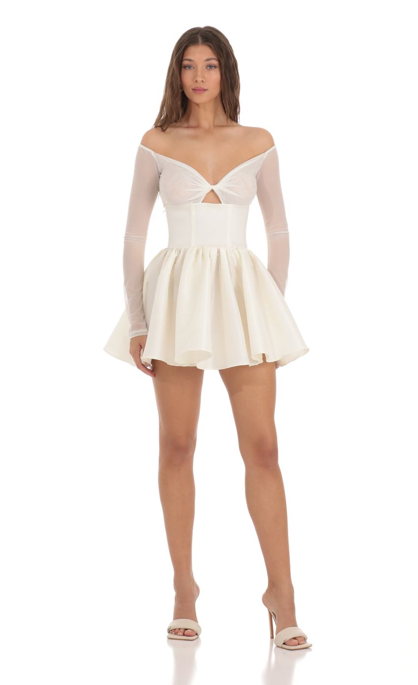 Picture Off Shoulder Mesh Twist Cutout Flair Dress in White. Source: https://media.lucyinthesky.com/data/Nov23/850xAUTO/1945c4b1-b5f4-40e5-ab00-10e3a3bf72d0.jpg