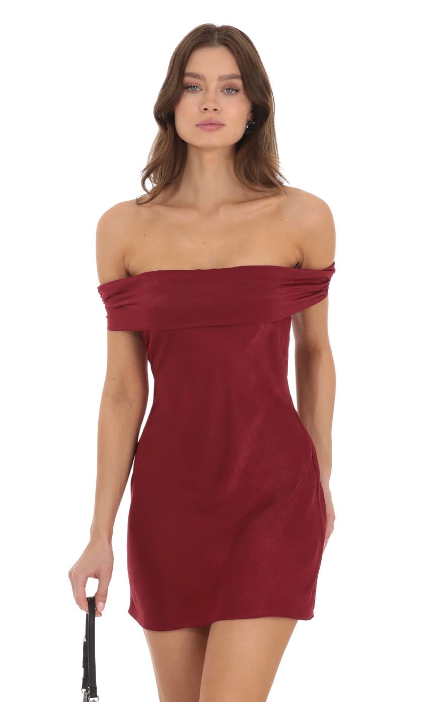 Picture Off Shoulder Satin Dress in Red. Source: https://media.lucyinthesky.com/data/Nov23/850xAUTO/2871b9a9-a819-44be-91ab-1c1edf63fe75.jpg