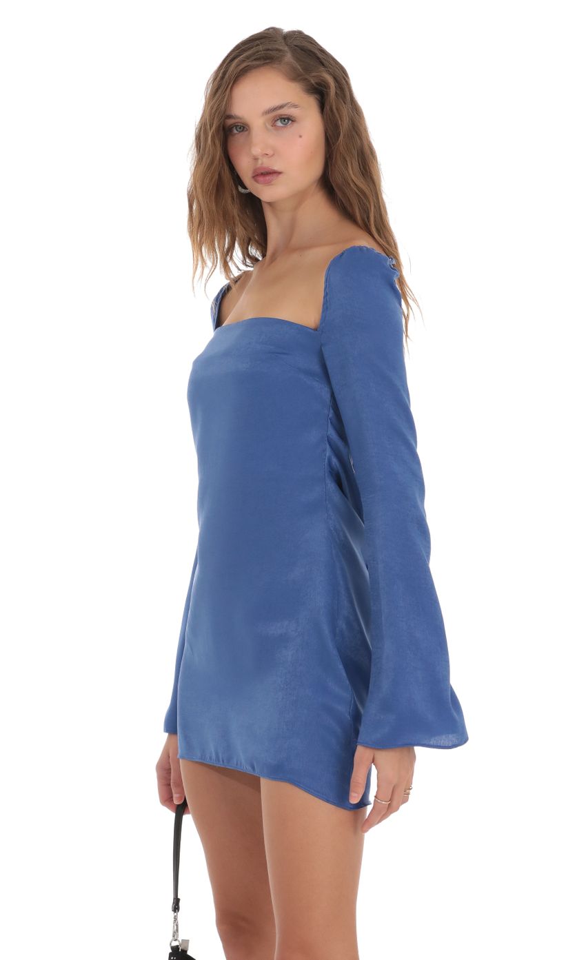 Satin Long Sleeve Open Back Dress in Blue | LUCY IN THE SKY