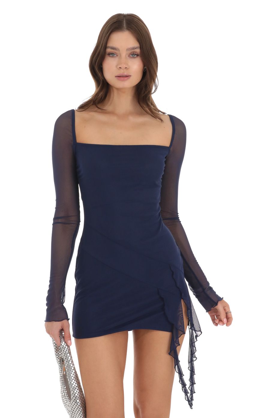 Picture Mesh Long Sleeve Double Tassel Dress in Navy. Source: https://media.lucyinthesky.com/data/Nov23/850xAUTO/2d661e49-373d-471f-ab53-c810ebf29285.jpg