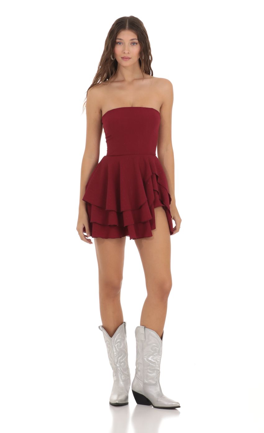 Picture Shimmer Striped Strapless Asymmetrical Dress in Maroon. Source: https://media.lucyinthesky.com/data/Nov23/850xAUTO/3139adf5-1c43-4ebd-839b-a9f45cbe402d.jpg