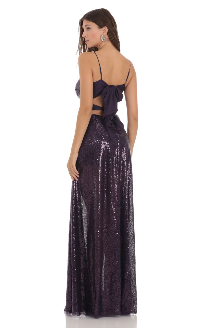 Picture Twist Sequin Back Tie Dress in Purple. Source: https://media.lucyinthesky.com/data/Nov23/850xAUTO/3704f8fb-a525-4f0d-bc5b-a1c47c223a93.jpg
