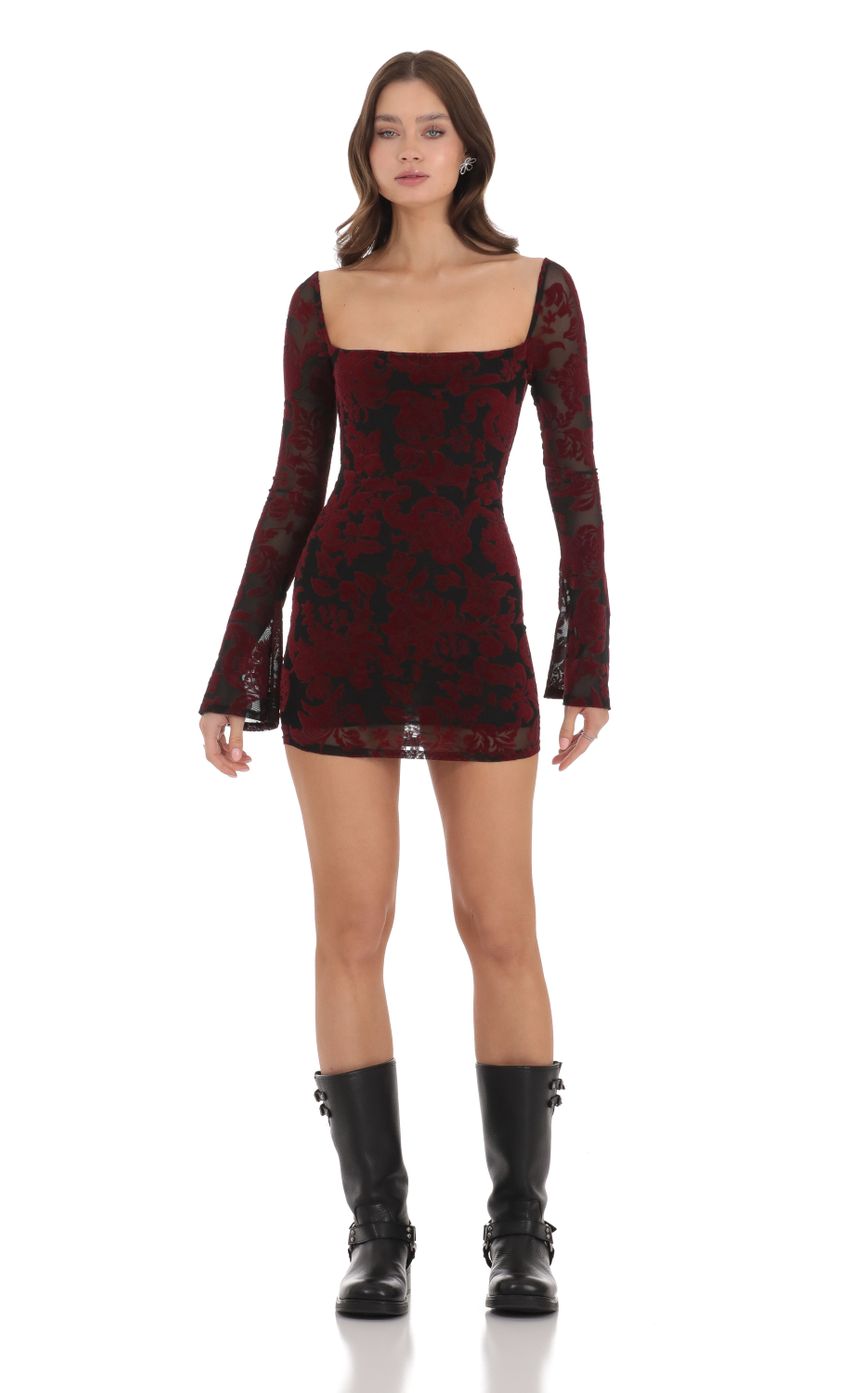Picture Velvet Floral Long Sleeve Bodycon Dress in Black. Source: https://media.lucyinthesky.com/data/Nov23/850xAUTO/4f82a8d5-aba7-4255-b067-3a18b5d3957c.jpg