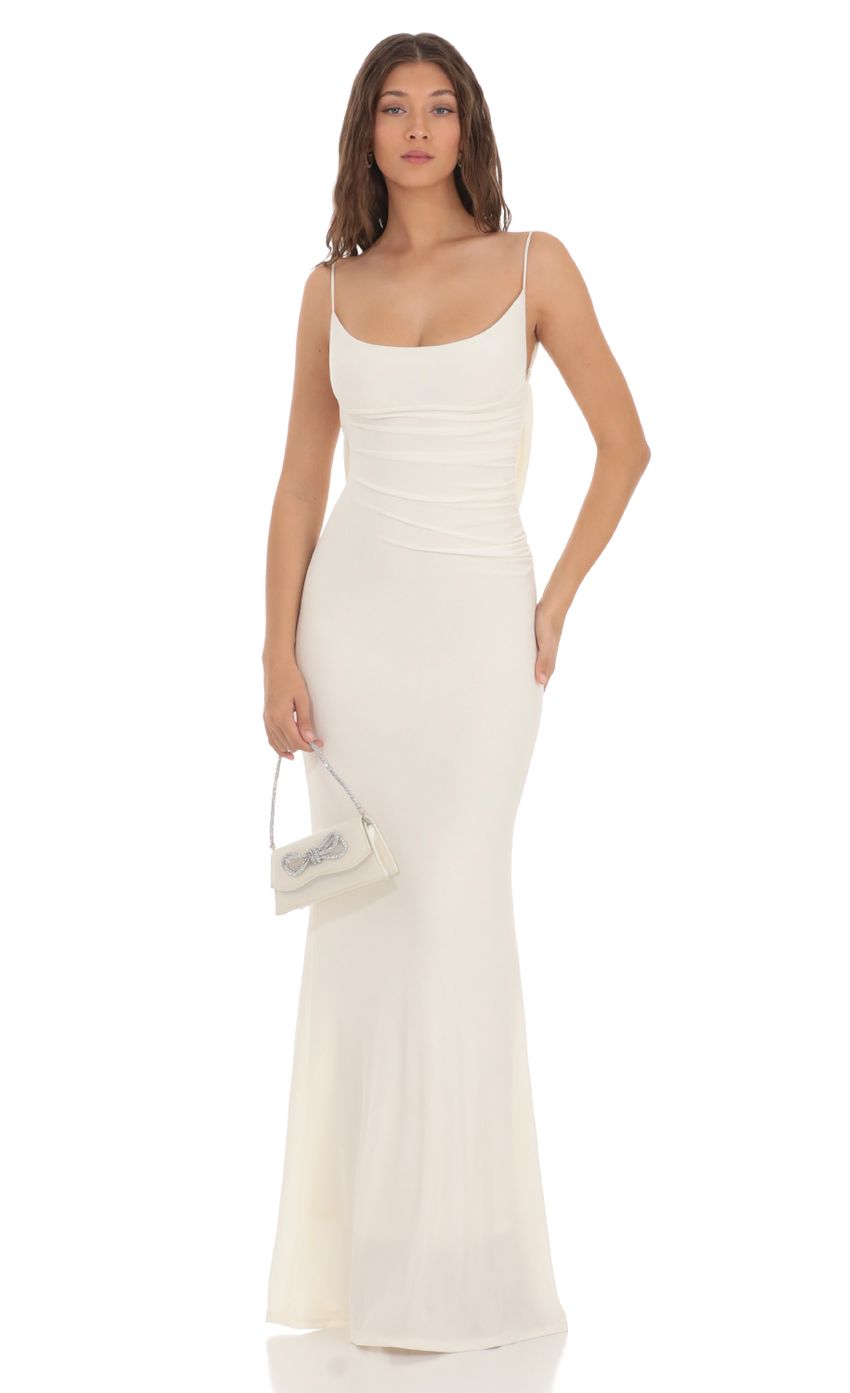 Picture Mira Lace Open Back Maxi Dress in White. Source: https://media.lucyinthesky.com/data/Nov23/850xAUTO/64ebff91-8787-4495-ba64-fb36eac0cc77.jpg