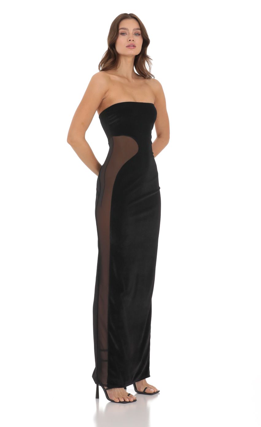Picture Velvet Mesh Cutout Strapless Dress in Black. Source: https://media.lucyinthesky.com/data/Nov23/850xAUTO/673cc660-8017-4951-b534-3c595c846139.jpg