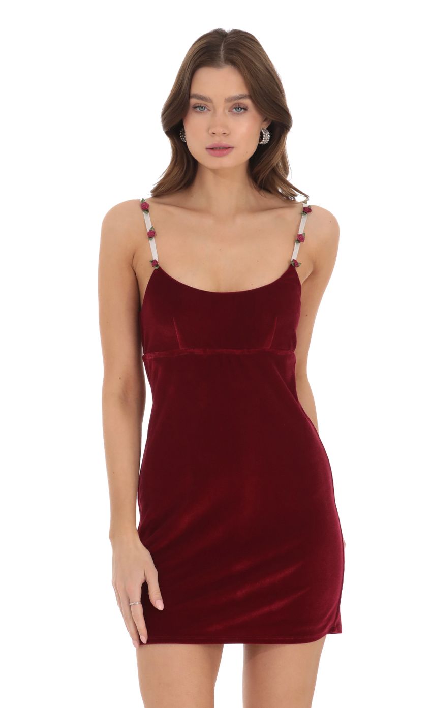 Picture Velvet Rose Strap Bodycon Dress in Red. Source: https://media.lucyinthesky.com/data/Nov23/850xAUTO/6e19fc35-9cd5-4df1-b2fa-ed99845012ef.jpg