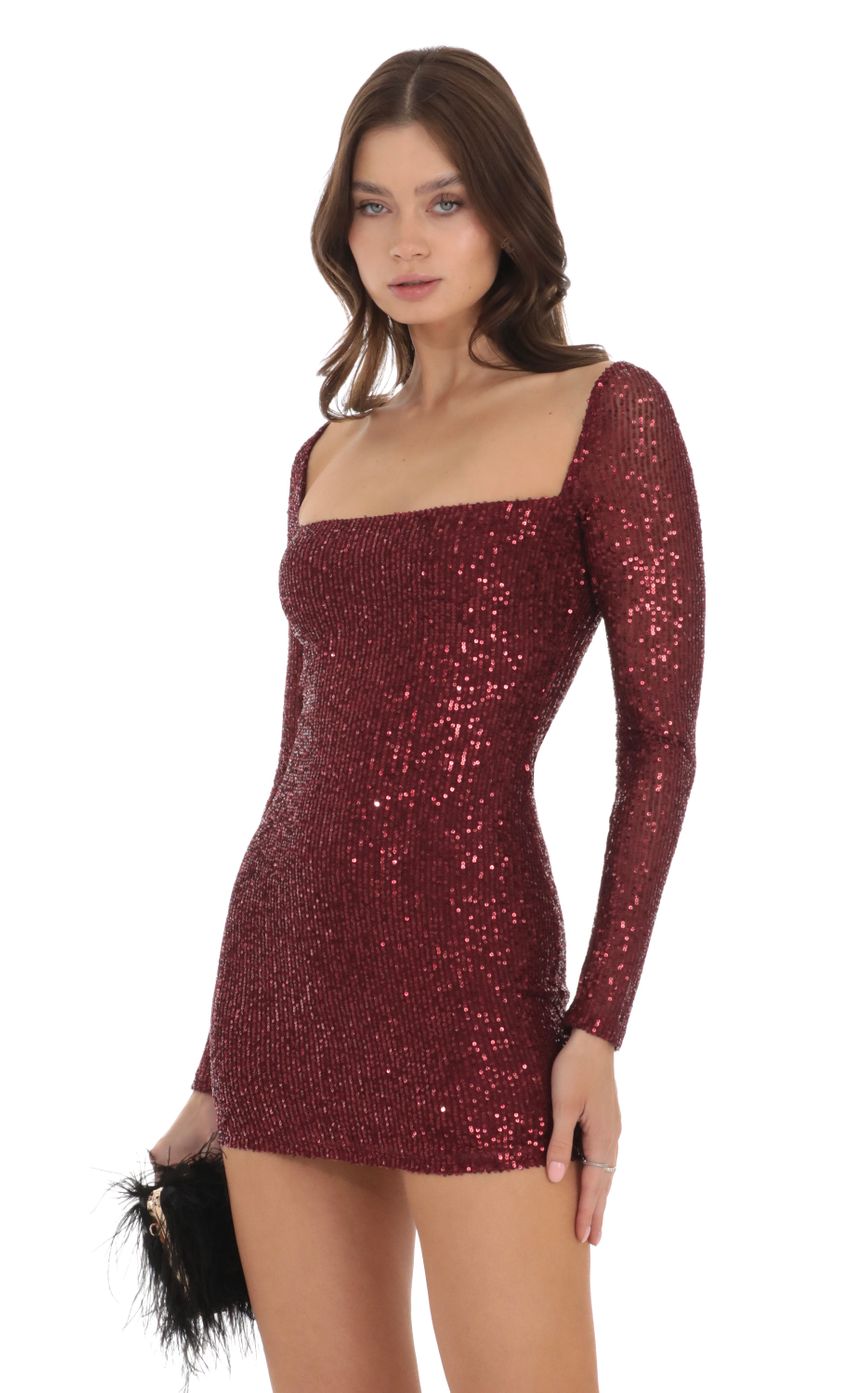 Picture Sequin Long Sleeve Dress in Maroon. Source: https://media.lucyinthesky.com/data/Nov23/850xAUTO/756813fb-c06a-470a-bca0-7f3853b04400.jpg