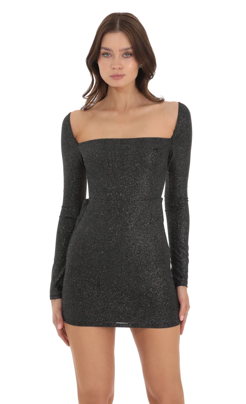Picture Shimmer Long Sleeve Open Back Bodycon Dress in Black. Source: https://media.lucyinthesky.com/data/Nov23/850xAUTO/76bc961e-2770-433f-93c4-17a6f415bd68.jpg