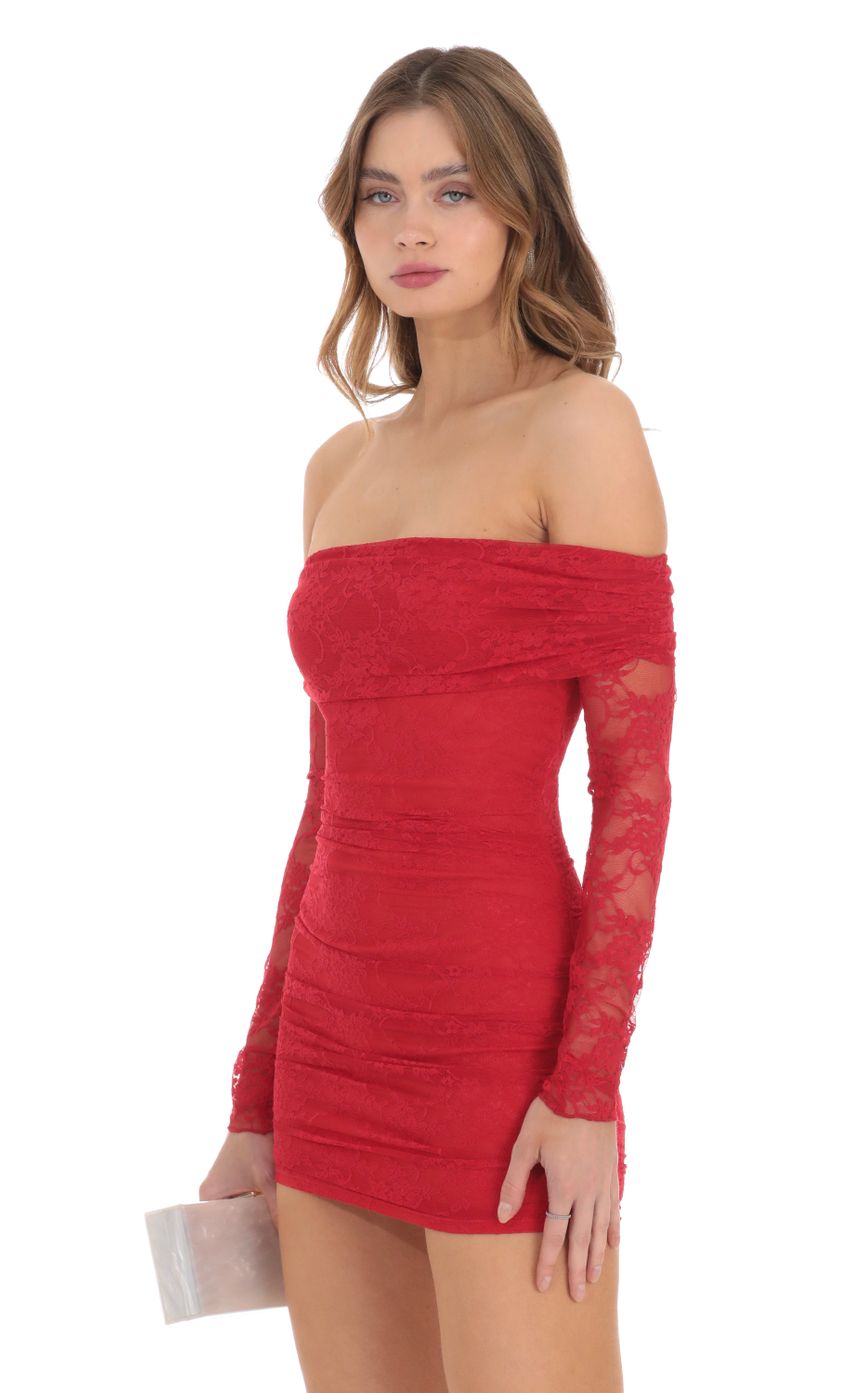 Picture Off Shoulder Long Sleeve Lace Dress in Red. Source: https://media.lucyinthesky.com/data/Nov23/850xAUTO/815b6a4c-85aa-4be7-9374-c378cd543b6d.jpg