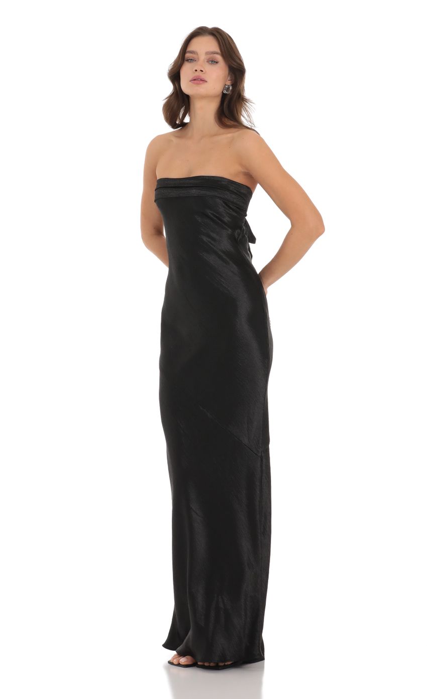 Picture Strapless Satin Open Back Dress in Black. Source: https://media.lucyinthesky.com/data/Nov23/850xAUTO/87b5e8b8-db55-490c-81ea-91a0f42dc42e.jpg