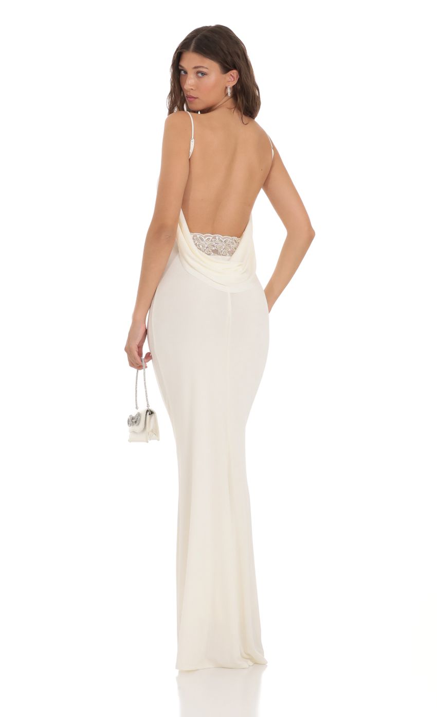 Picture Mira Lace Open Back Maxi Dress in White. Source: https://media.lucyinthesky.com/data/Nov23/850xAUTO/9481cc4b-6e41-4d69-9399-b8725e1c7701.jpg