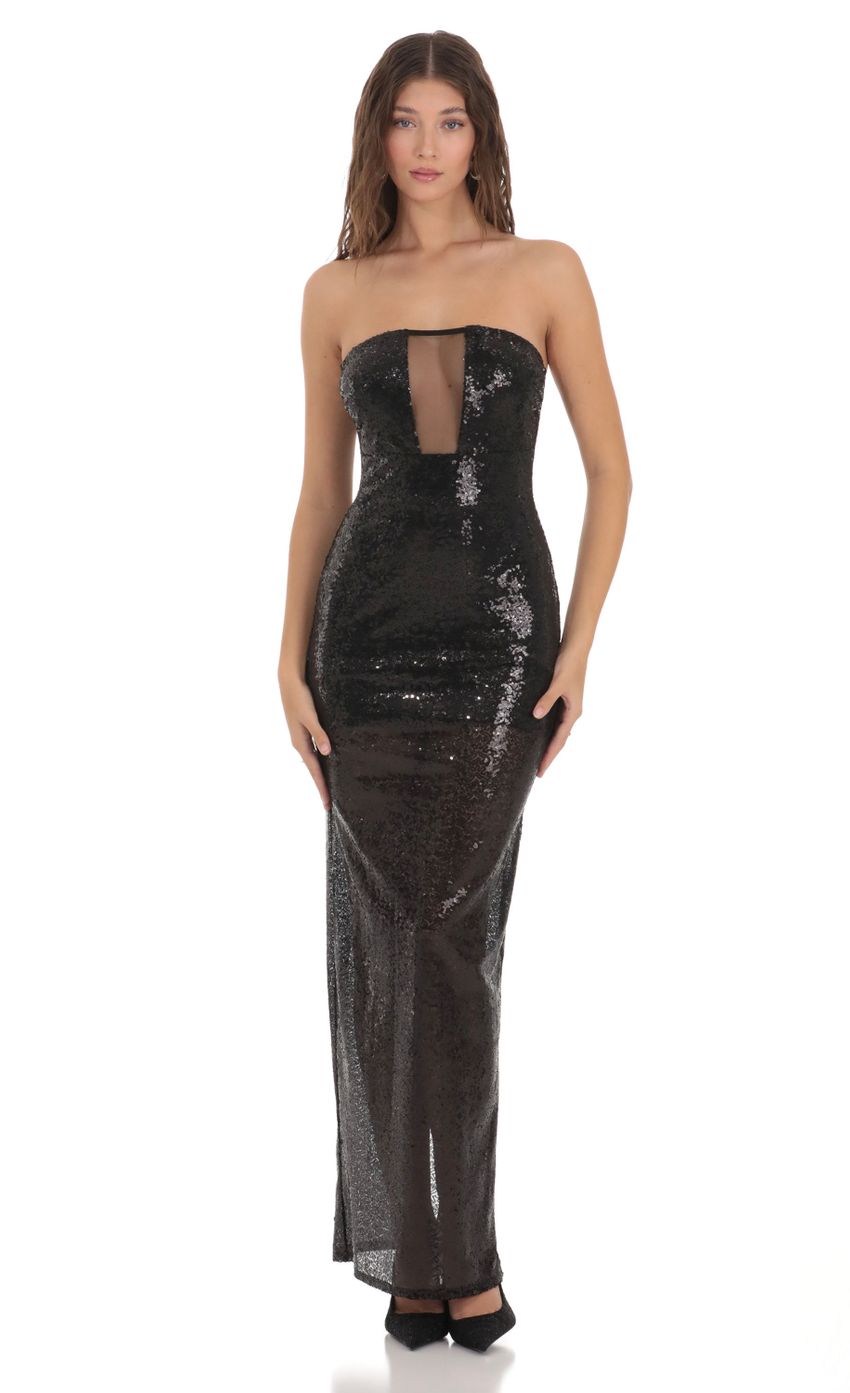 Picture Mesh Cutout Sequin Strapless Dress in Black. Source: https://media.lucyinthesky.com/data/Nov23/850xAUTO/97742f7a-5226-46f7-bf7f-3fab177d0b29.jpg