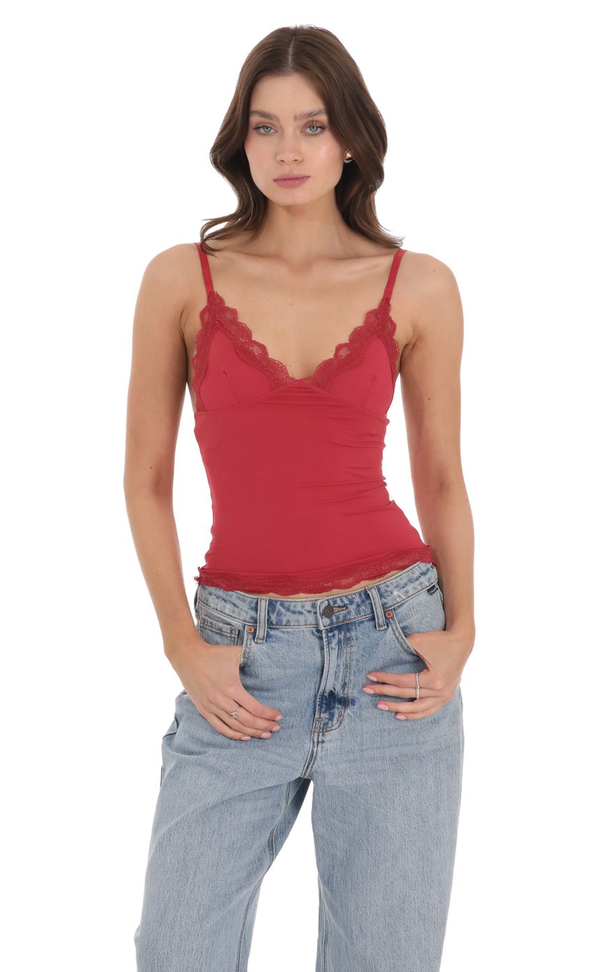 Picture Lace Satin Top in Red. Source: https://media.lucyinthesky.com/data/Nov23/850xAUTO/b11749d3-aa3f-4804-b8b6-3c6029c5ee91.jpg