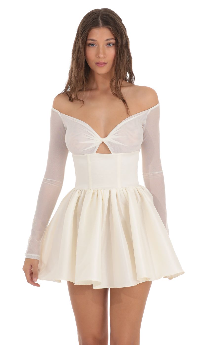 Picture Off Shoulder Mesh Twist Cutout Flair Dress in White. Source: https://media.lucyinthesky.com/data/Nov23/850xAUTO/b4570075-622c-4a3f-a835-7d066442391e.jpg
