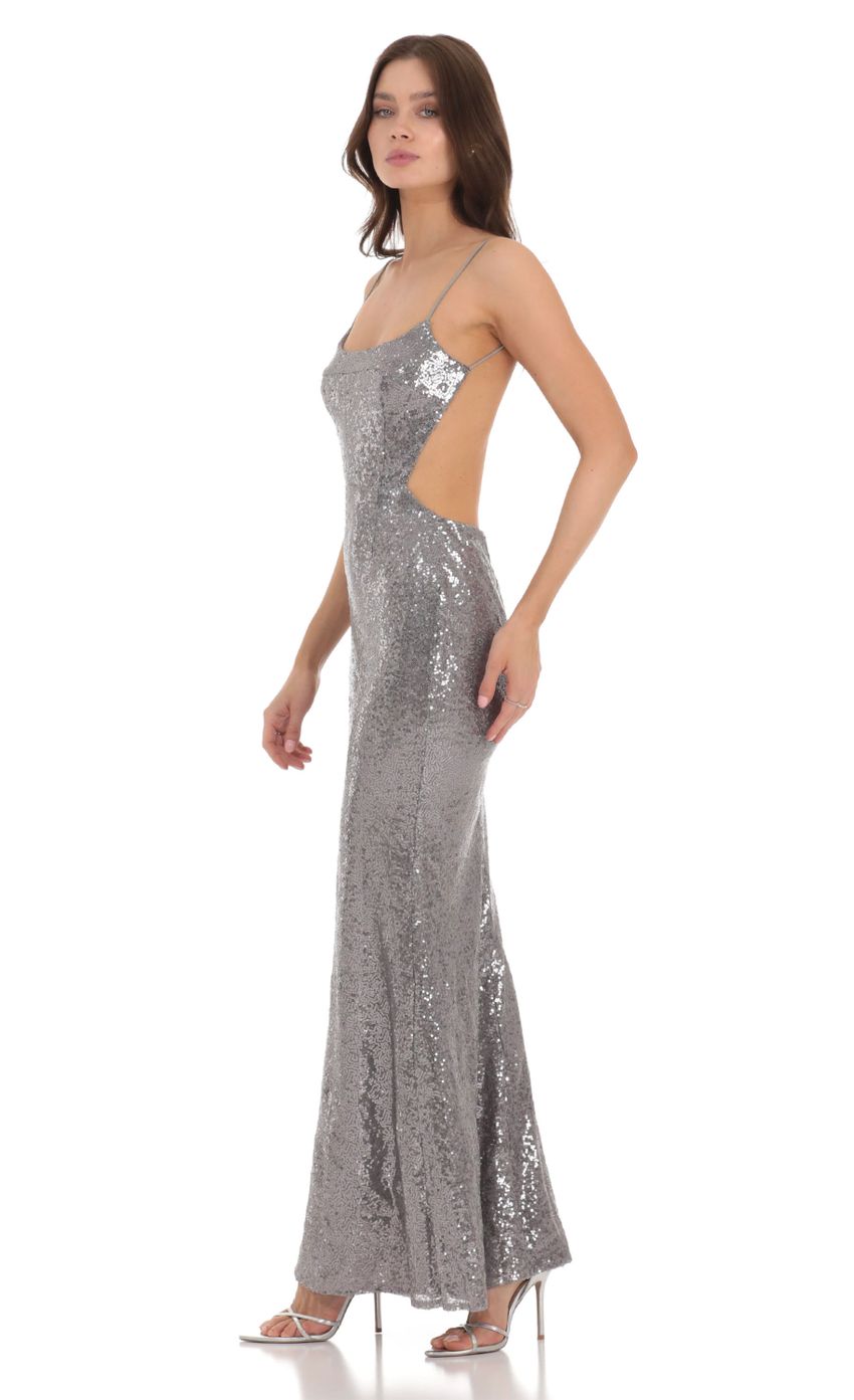 Picture Sequin Open Back Dress in Silver. Source: https://media.lucyinthesky.com/data/Nov23/850xAUTO/b8f9c617-aad9-446e-9434-ca1a45ec4797.jpg